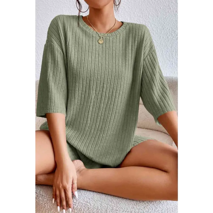 Chic Ribbed Lounge Set with Round Neck Comfort Clothing Tops Trendsi