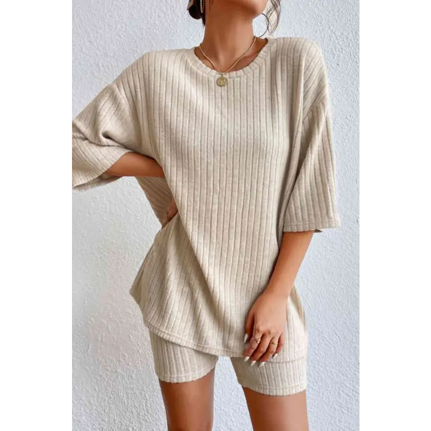 Chic Ribbed Lounge Set with Round Neck Comfort Clothing Tops Trendsi