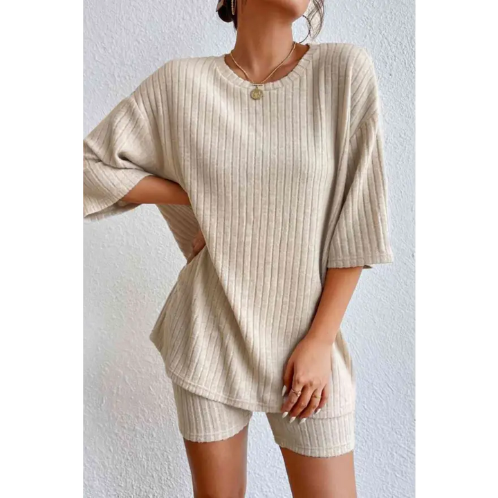 Chic Ribbed Lounge Set with Round Neck Comfort Clothing Tops Trendsi