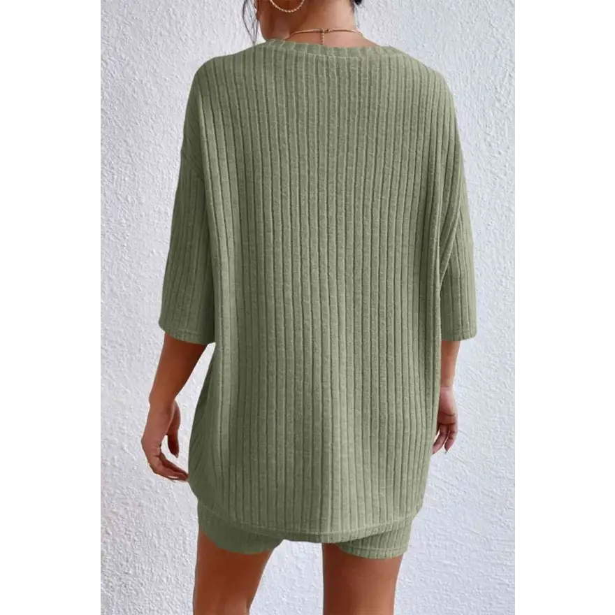 Chic Ribbed Lounge Set with Round Neck Comfort Clothing Tops Trendsi