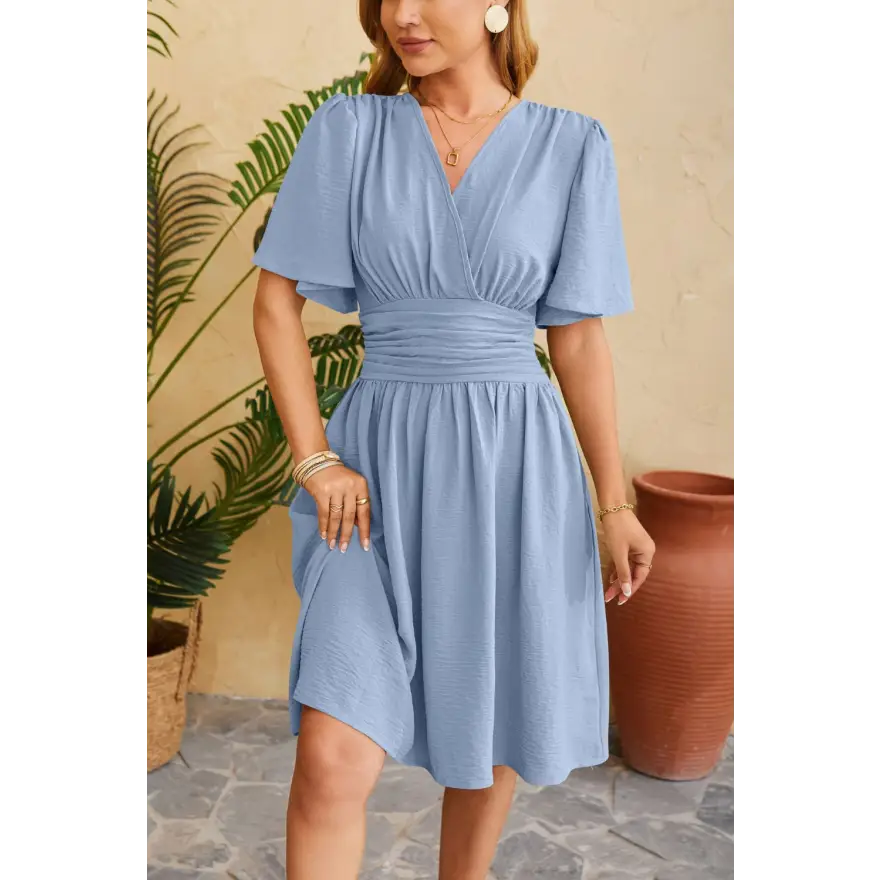 Ruched Surplice Short Dress Slightly Stretchy Fabric Ideal Sleeve Length Clothing Tops Trendsi