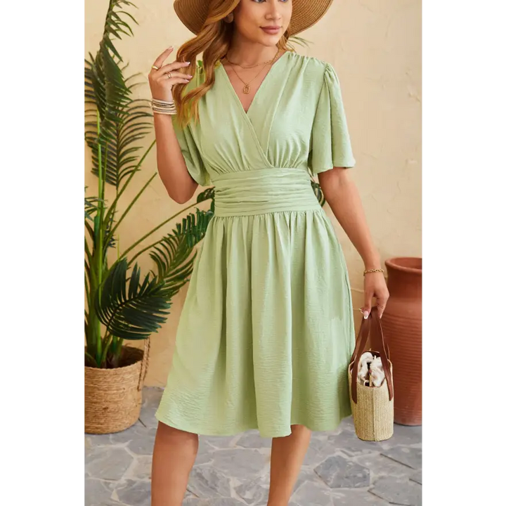 Ruched Surplice Short Dress Slightly Stretchy Fabric Ideal Sleeve Length Clothing Tops Trendsi