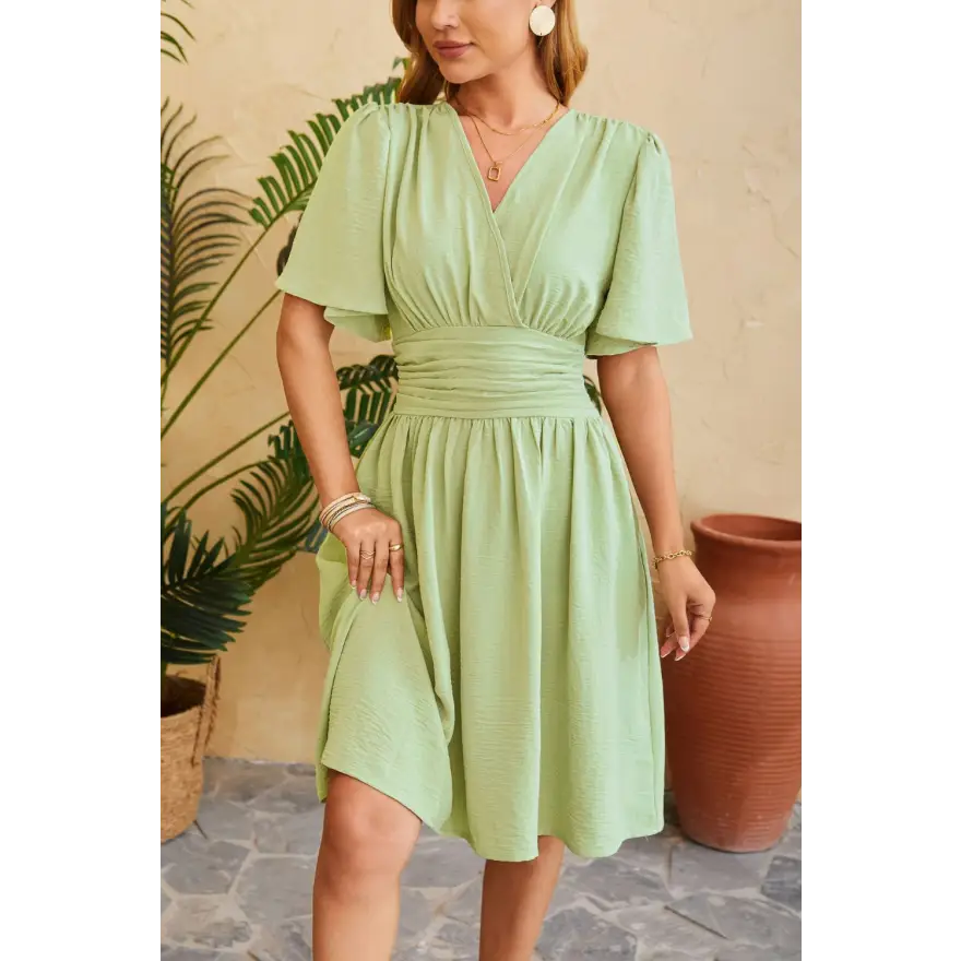Ruched Surplice Short Dress Slightly Stretchy Fabric Ideal Sleeve Length Clothing Tops Trendsi