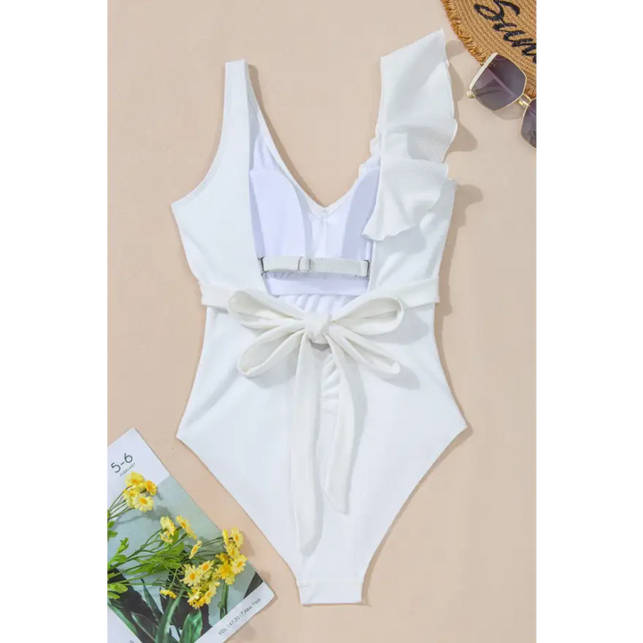 Ruffled V Neck Wide Strap One Piece Swimwear with Removable Padding Clothing Tops Trendsi