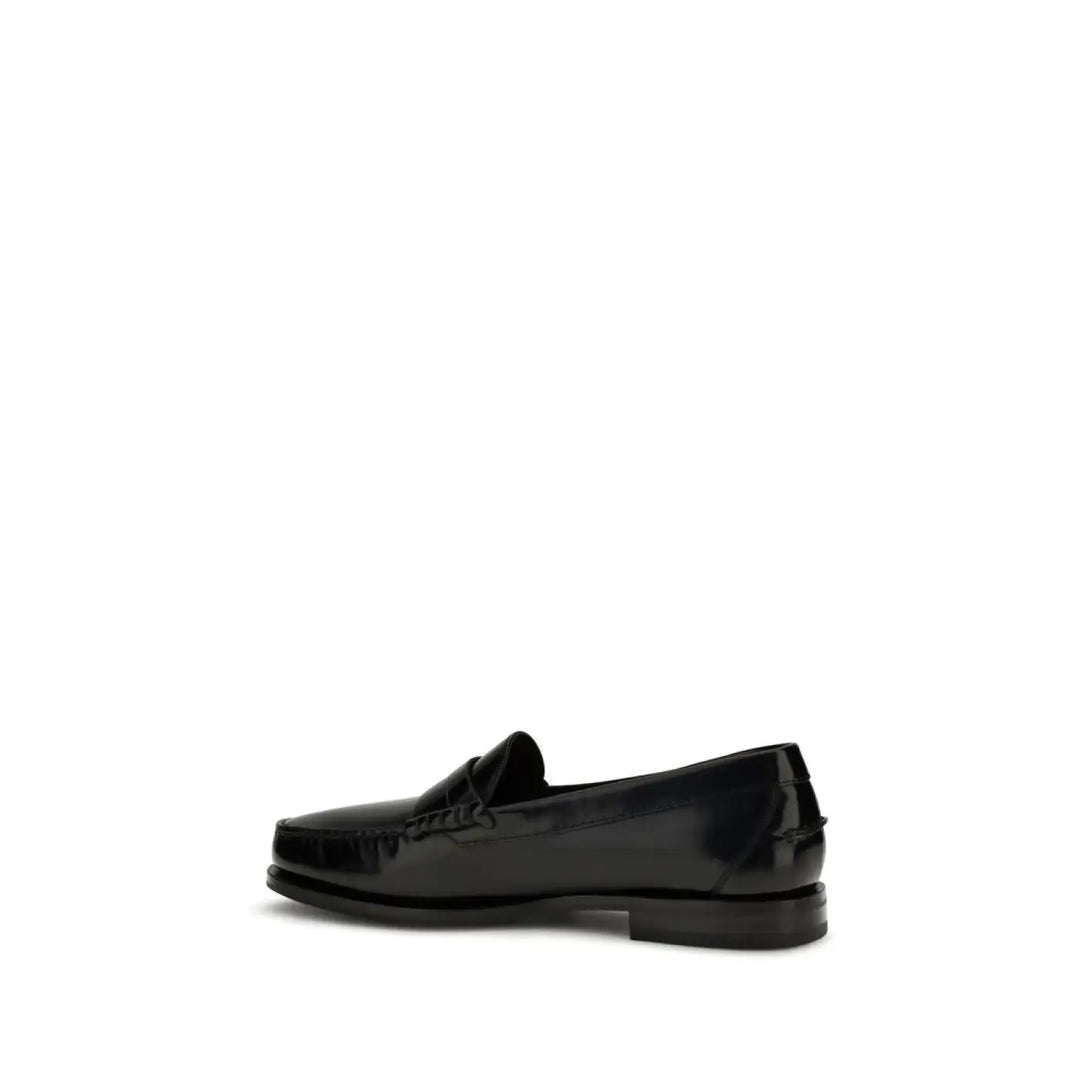 Santoni Black Calf Leather Bos Taurus Slip-on Loafers