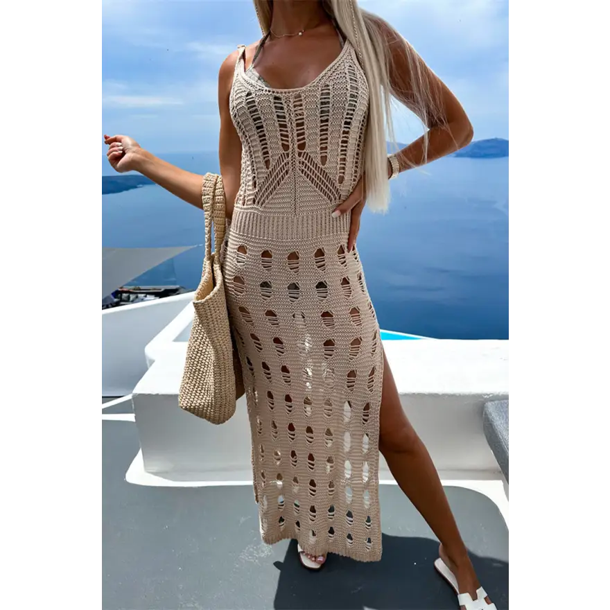 Chic Scoop Neck Sleeveless Dress Cover Up in Openwork Stretchy Acrylic Trendsi
