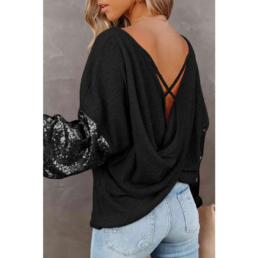 Captivating Sequin Waffle Knit Blouse Radiating Exquisite Shine Clothing Tops Trendsi