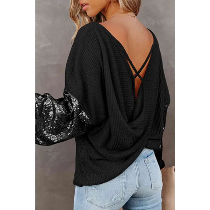 Elevate Your Style with the Exquisite Sequin Waffle-Knit Blouse Clothing Tops Trendsi