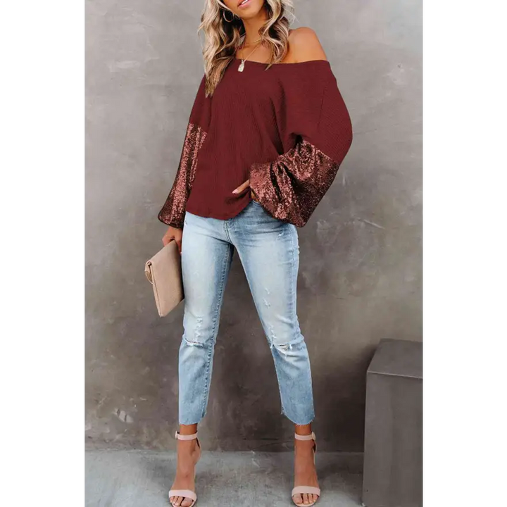 Captivating Sequin Waffle Knit Blouse Radiating Exquisite Shine Clothing Tops Trendsi