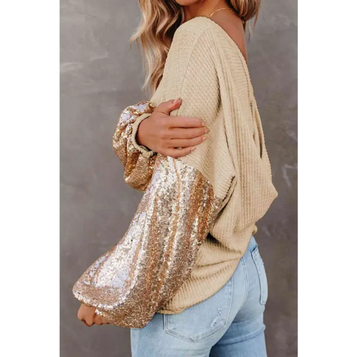Captivating Sequin Waffle Knit Blouse Radiating Exquisite Shine Clothing Tops Trendsi