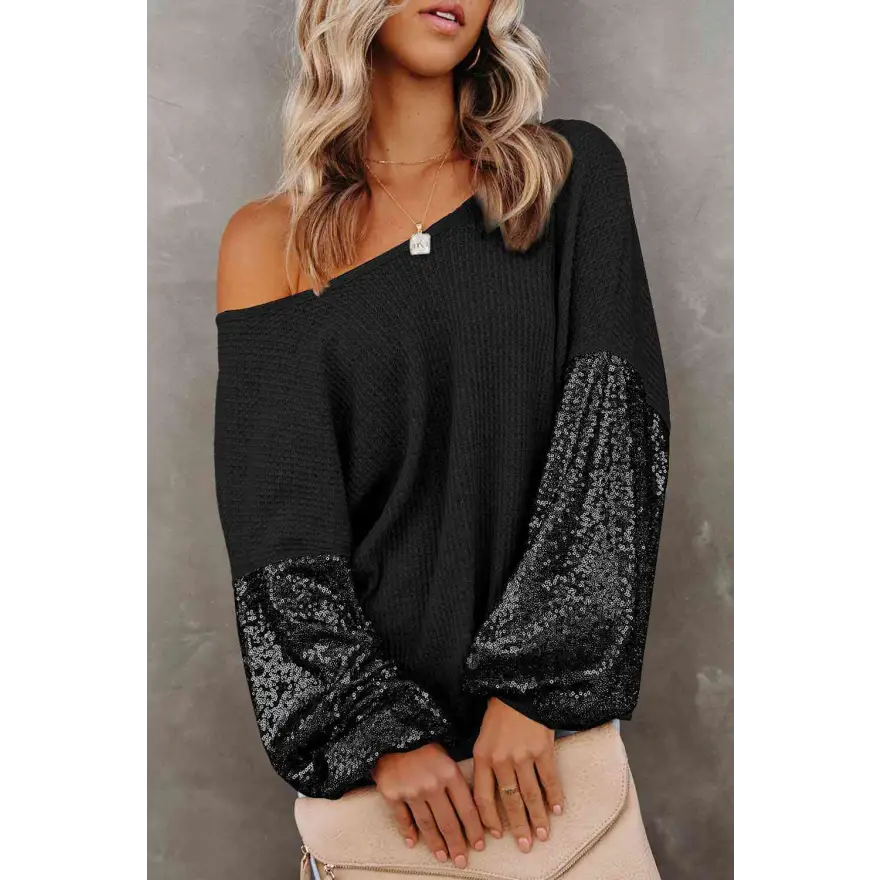 Captivating Sequin Waffle Knit Blouse Radiating Exquisite Shine Clothing Tops Trendsi
