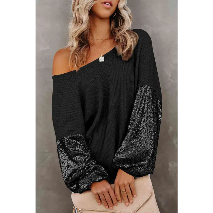 Captivating Sequin Waffle Knit Blouse Radiating Exquisite Shine Clothing Tops Trendsi