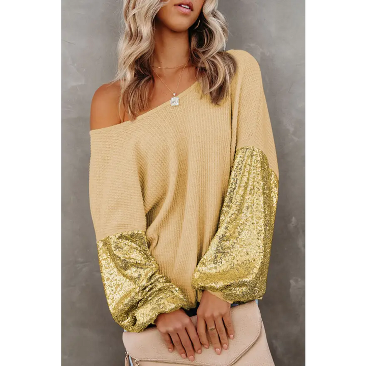 Captivating Sequin Waffle Knit Blouse Radiating Exquisite Shine Clothing Tops Trendsi