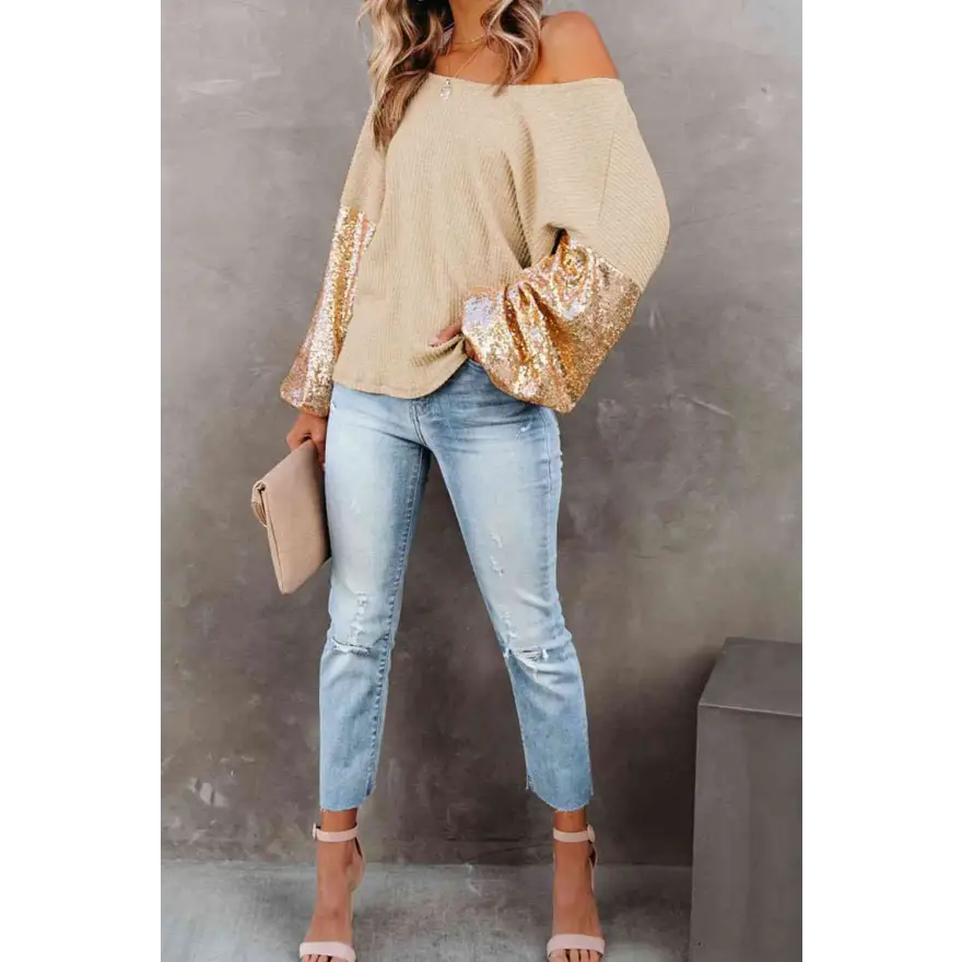 Captivating Sequin Waffle Knit Blouse Radiating Exquisite Shine Clothing Tops Trendsi