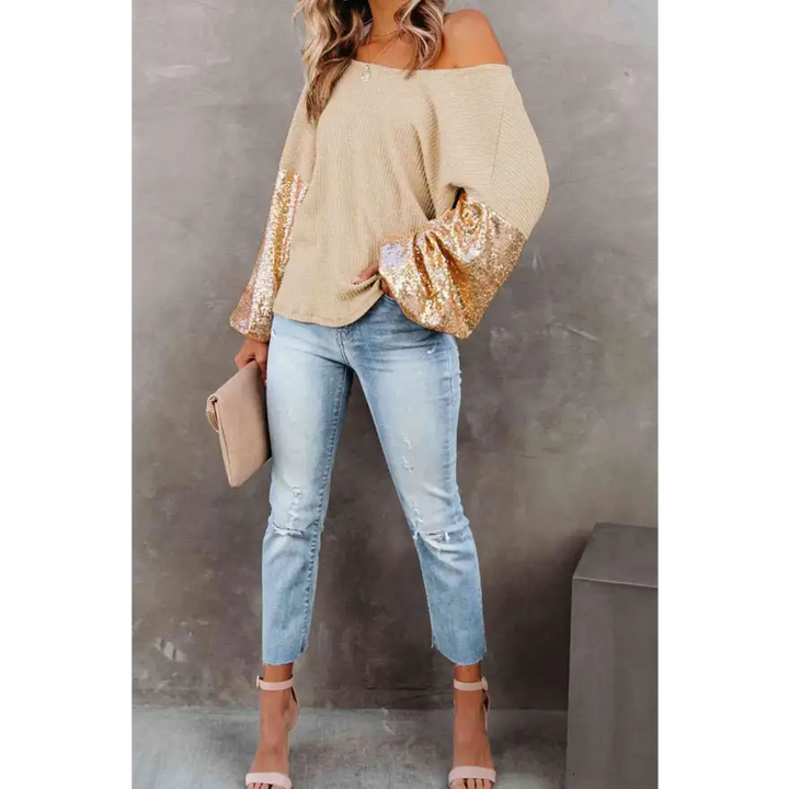 Captivating Sequin Waffle Knit Blouse Radiating Exquisite Shine Clothing Tops Trendsi