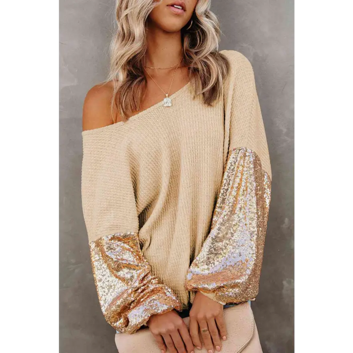 Captivating Sequin Waffle Knit Blouse Radiating Exquisite Shine Clothing Tops Trendsi
