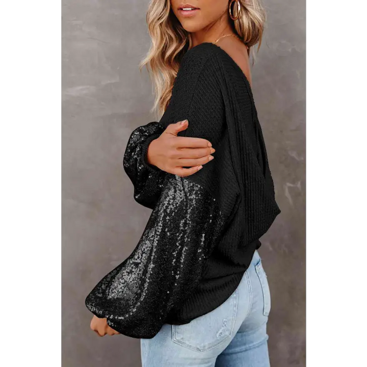 Captivating Sequin Waffle Knit Blouse Radiating Exquisite Shine Clothing Tops Trendsi