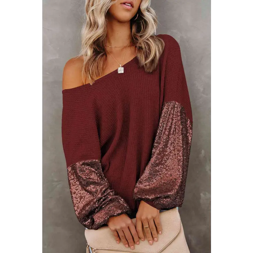 Captivating Sequin Waffle Knit Blouse Radiating Exquisite Shine Clothing Tops Trendsi