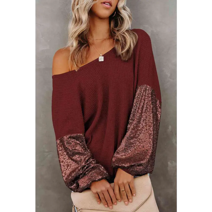 Captivating Sequin Waffle Knit Blouse Radiating Exquisite Shine Clothing Tops Trendsi