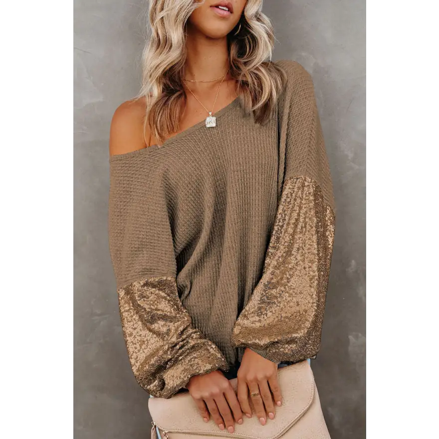 Captivating Sequin Waffle Knit Blouse Radiating Exquisite Shine Clothing Tops Trendsi