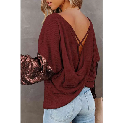 Elevate Your Style with the Exquisite Sequin Waffle-Knit Blouse Clothing Tops Trendsi