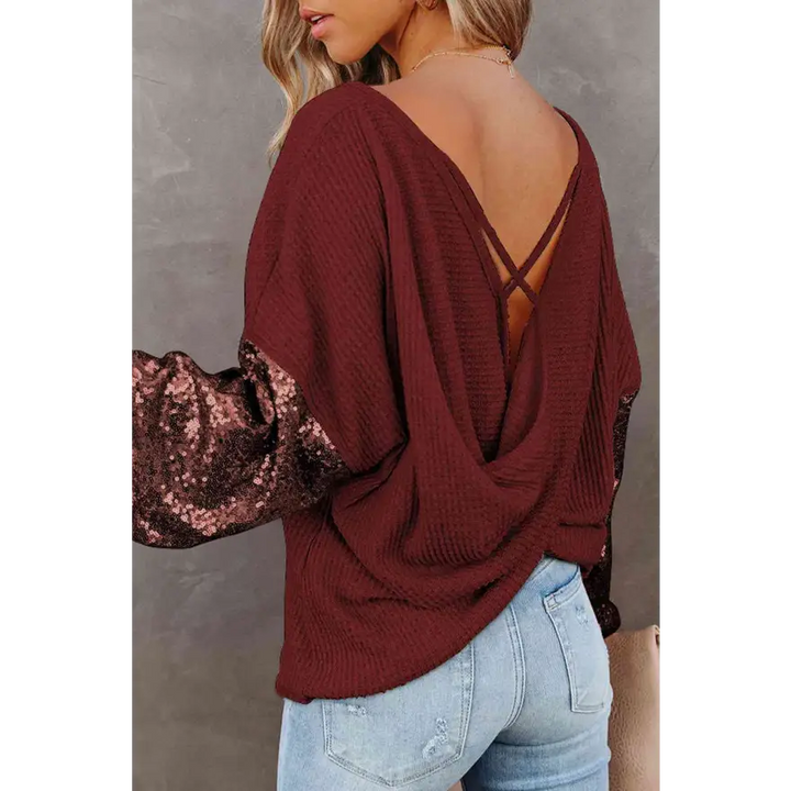 Captivating Sequin Waffle Knit Blouse Radiating Exquisite Shine Clothing Tops Trendsi