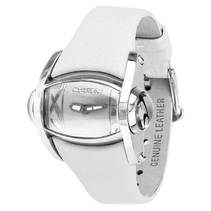 Silver Stainless Steel Quartz Watch with White Leather Strap for Clothing Style Chronotech