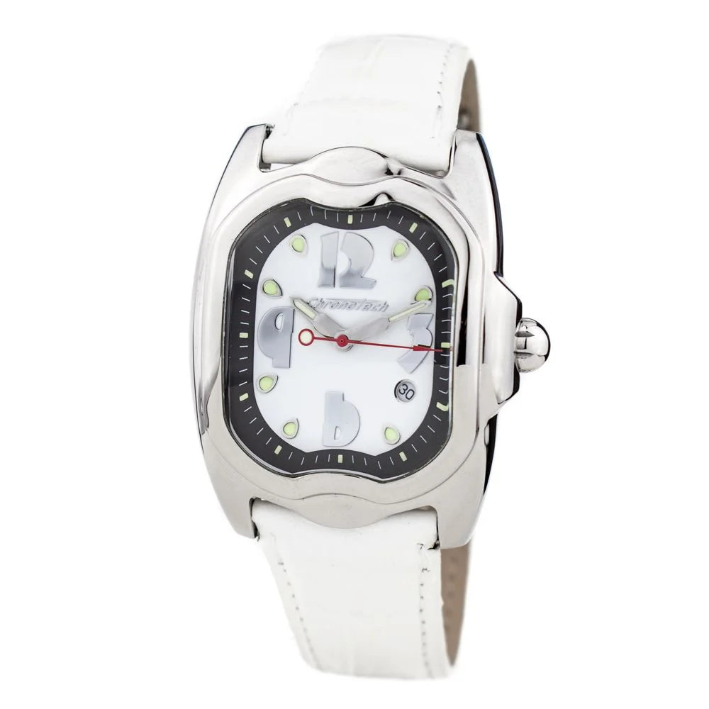 Silver Stainless Steel White Leather Dress Watch for Men Chronotech