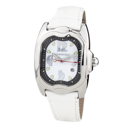 Silver Stainless Steel White Leather Dress Watch for Men Chronotech