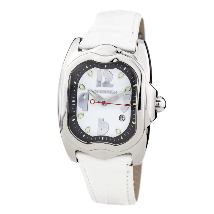Silver Stainless Steel White Leather Dress Watch for Men Chronotech