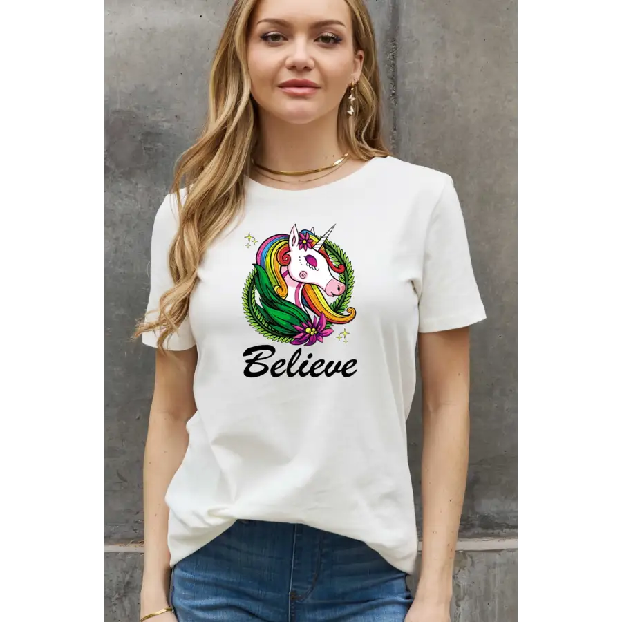 Simply Love BELIEVE Graphic Cotton Tee for Heartfelt Style Clothing Tops Trendsi