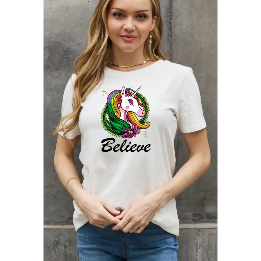 Simply Love BELIEVE Graphic Cotton Tee for Heartfelt Style Clothing Tops Trendsi