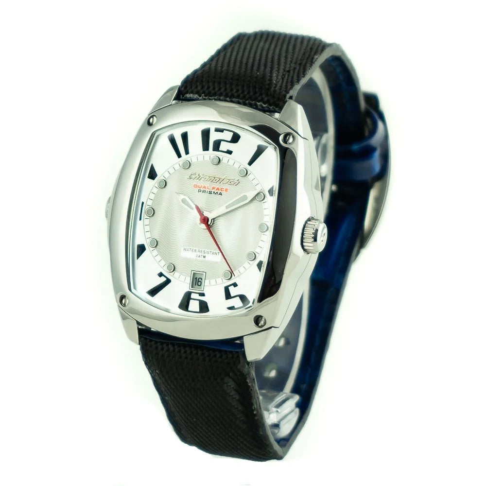 Sleek Silver Steel Quartz Watch with Black Leather Band for Stylish Clothing Chronotech