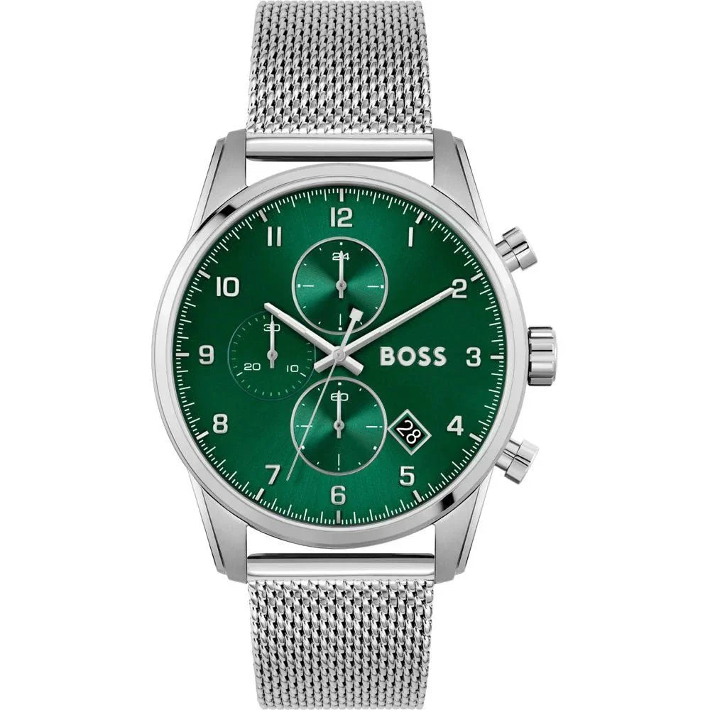 Stainless Steel Silver Quartz Watch with Green Dial 50M Water Resistant Hugo Boss