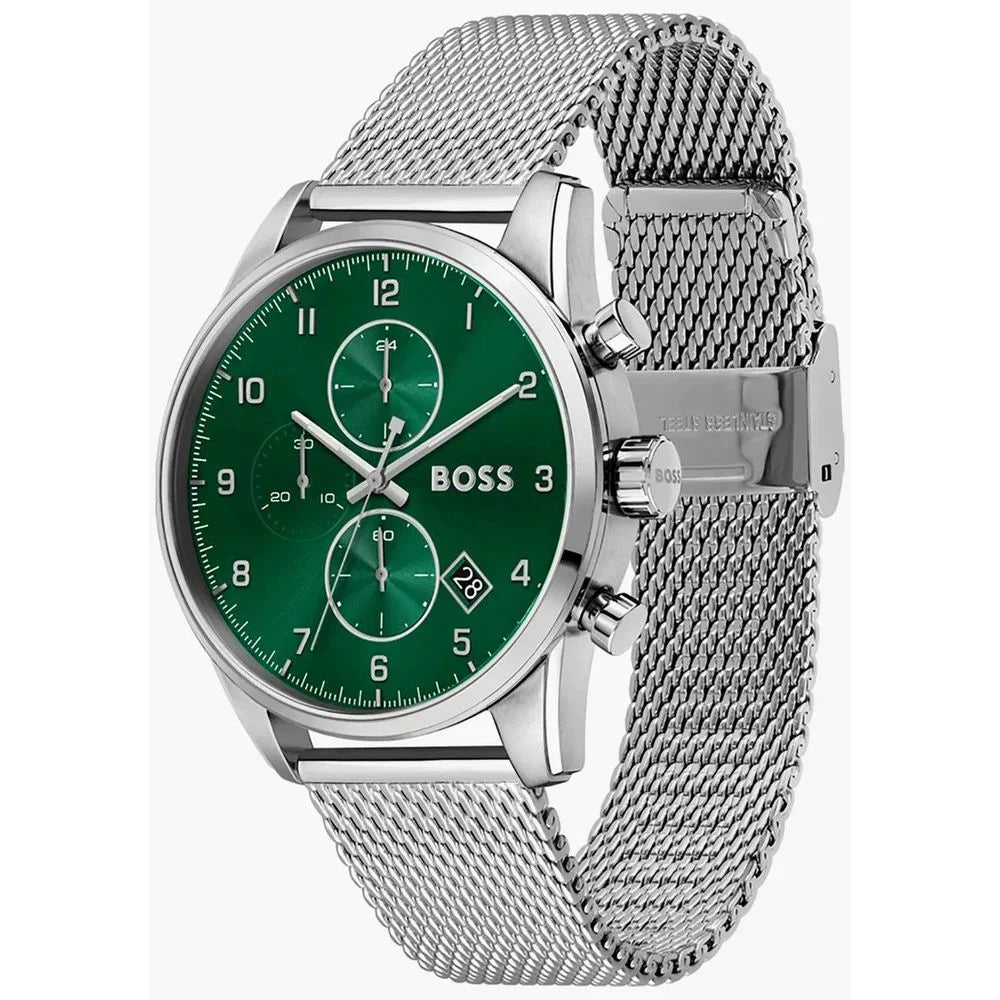 Stainless Steel Silver Quartz Watch with Green Dial 50M Water Resistant Hugo Boss