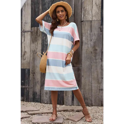 Elevate Your Style with the Striped Round Neck Tee Dress Clothing Tops Trendsi