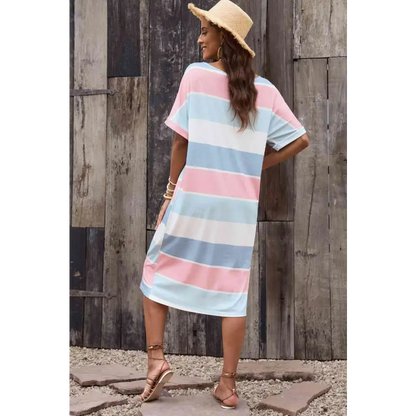 Elevate Your Style with the Striped Round Neck Tee Dress Clothing Tops Trendsi