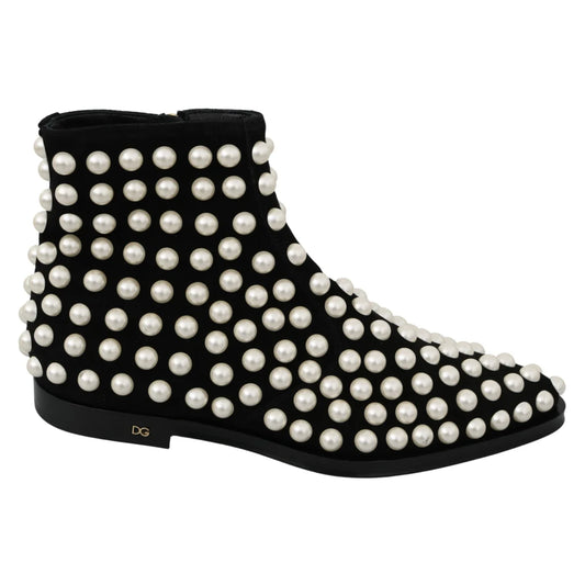Stunning Dolce Gabbana Black Suede Ankle Boots White Pearls &