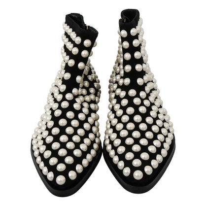 Stunning Dolce Gabbana Black Suede Ankle Boots White Pearls &
