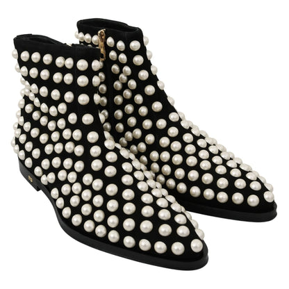 Stunning Dolce Gabbana Black Suede Ankle Boots White Pearls &