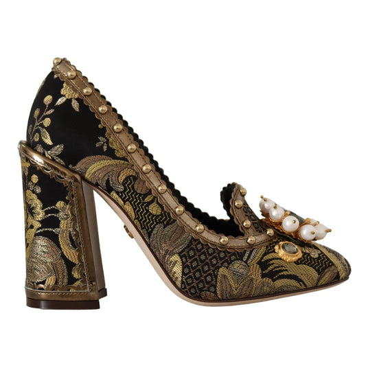 Stunning Dolce & Gabbana Jacquard Brocade Pearl Studded Square Toe Pumps