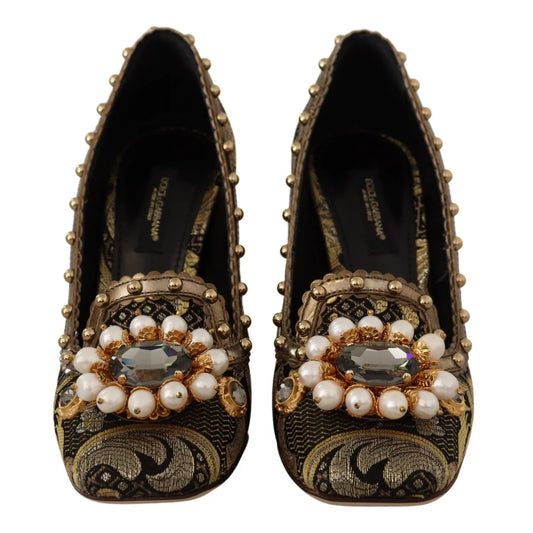 Stunning Dolce & Gabbana Jacquard Brocade Pearl Studded Square Toe Pumps
