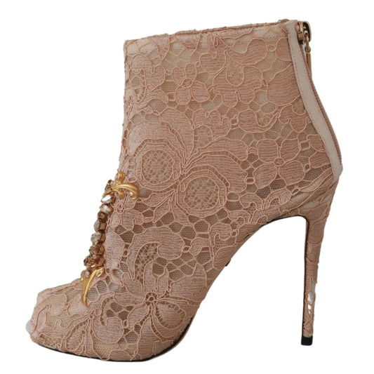 Stunning Dolce Gabbana Light Pink Floral Lace Crystal Booties &