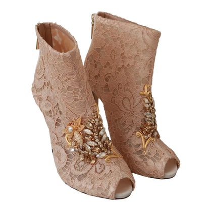 Stunning Dolce Gabbana Light Pink Floral Lace Crystal Booties &