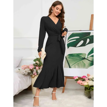 Elevate Your Style with the Surplice Neck Tie Waist Dress Clothing Tops Trendsi