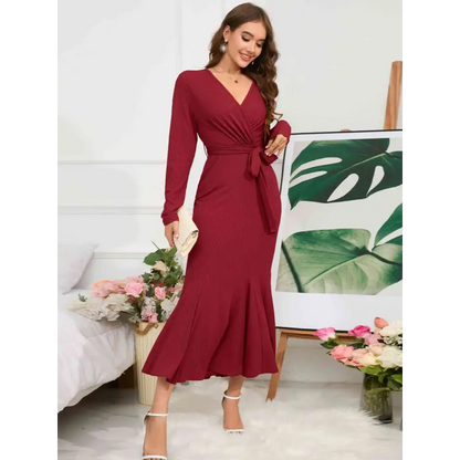 Elevate Your Style with the Surplice Neck Tie Waist Dress Clothing Tops Trendsi