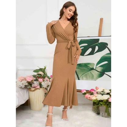 Elevate Your Style with the Surplice Neck Tie Waist Dress Clothing Tops Trendsi