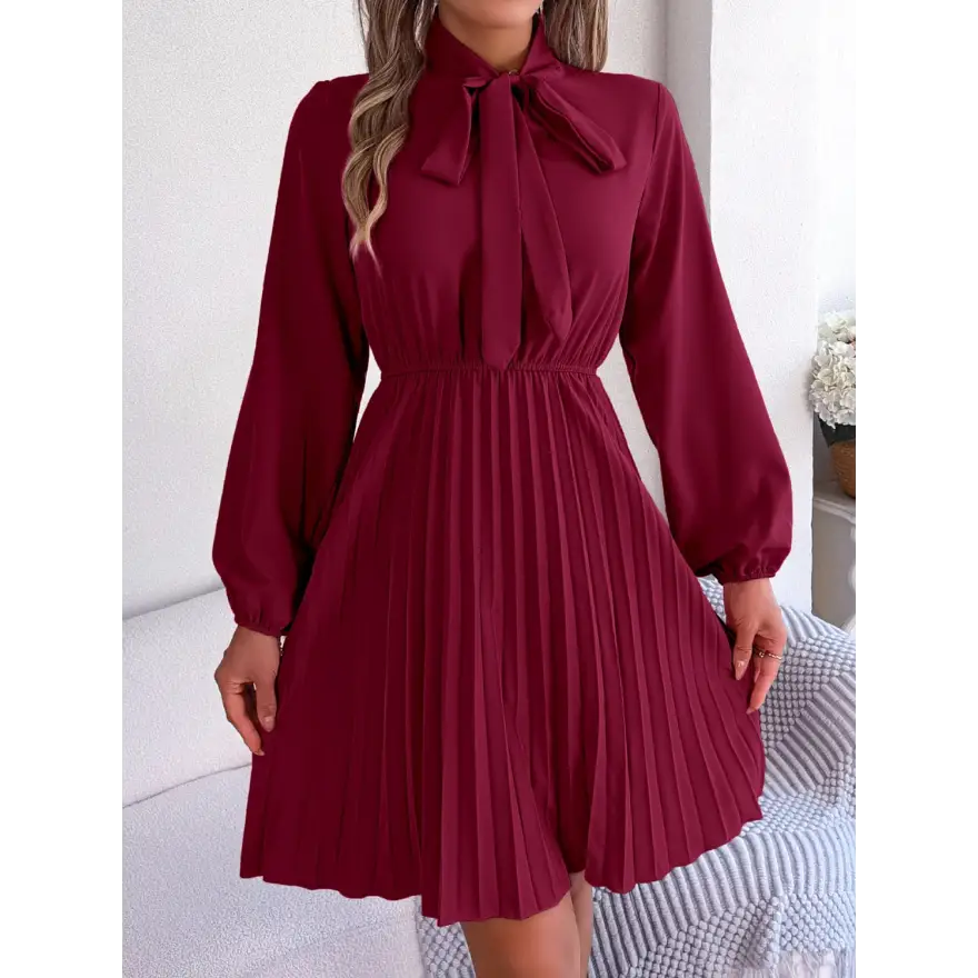 Chic Balloon Sleeve Tie Neck Dress with Pleated Elegance Clothing Tops Trendsi