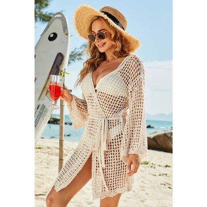 Flare Sleeve Tie Waist Surplice Top with Flattering Bust and Length Clothing Tops Trendsi