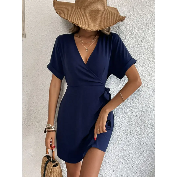 Trendy Ruched Tie Dress with Flirty Balloon Sleeves Clothing Tops Trendsi